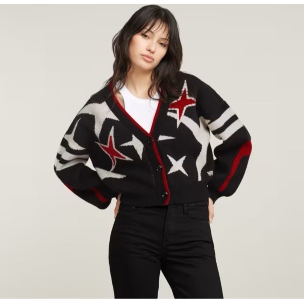 G-Star Raw Women Size XS Holiday Loose Knitted Cardigan Star Design Cropped Yarn